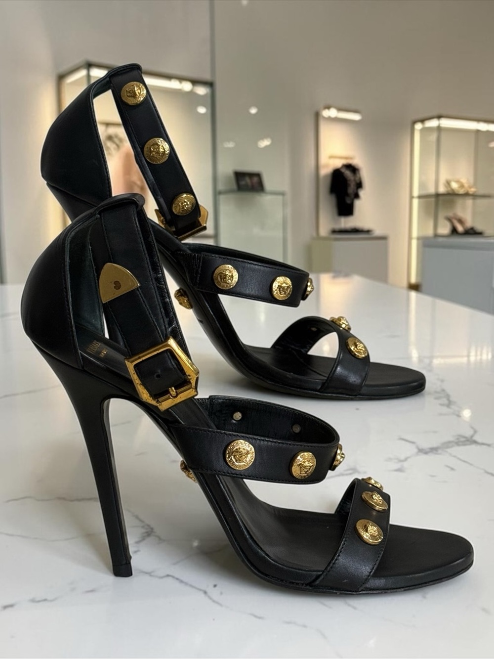 Versace Medusa Studded Black Leather Stiletto Heels Sandals with Gold Size 39 EU